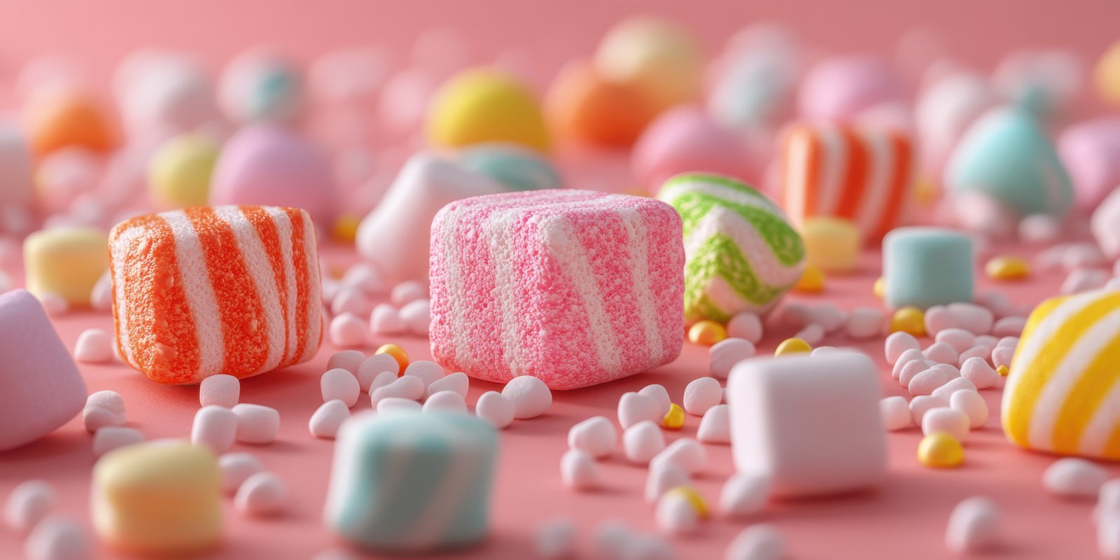 Colorful marshmallows and candies arranged on a pink background creating a cheerful and delightful display for sweets lovers